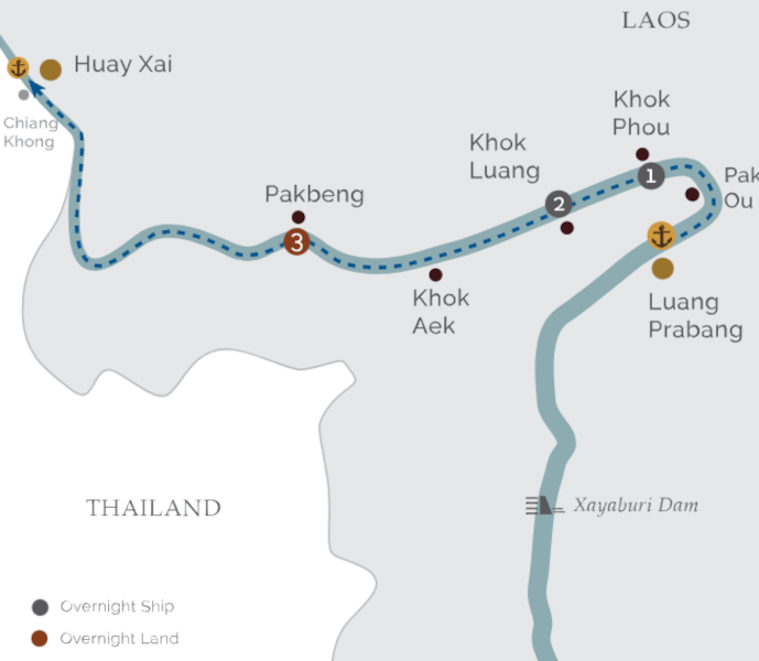 3 nights Golden Triangle Upper Mekong River Cruise route map.
