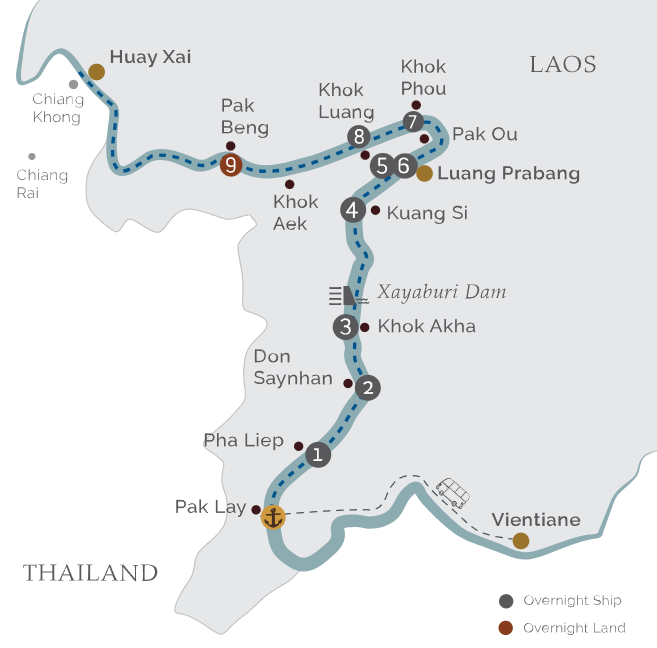 Cruise up the Upper Mekong River from Vientiane to the Golden Triangle.