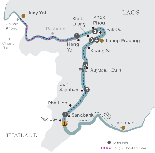 Cruise Upper Mekong River to Vientiane route map.