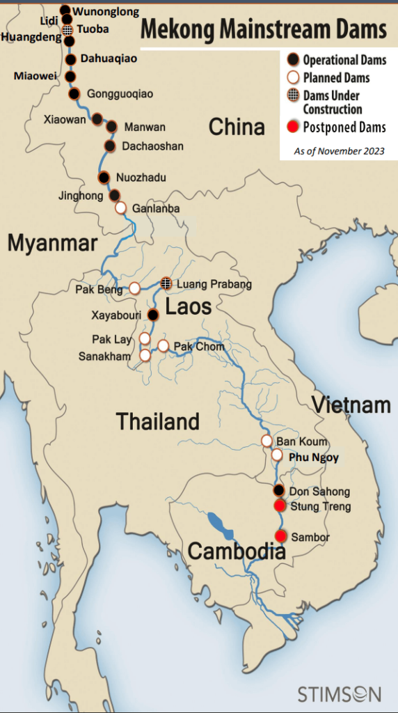 Mekong River dam locations map.